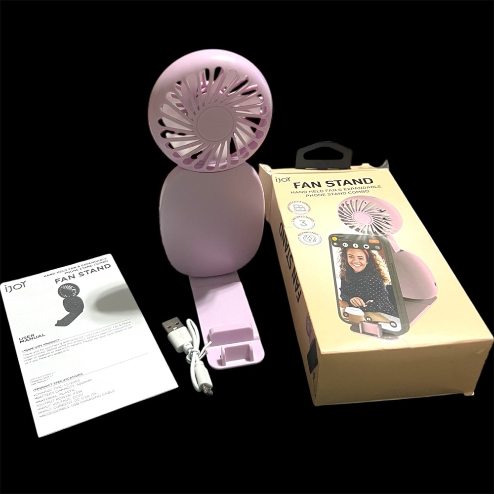 Fan + Phone Stand Combo w/ rechargeable battery, charger cord & detachable stand